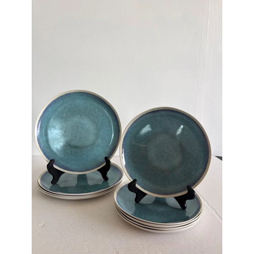 World Market Teal Blue Reactive Glaze Ceramic Plate 4 dinner 6 Salad. MCM